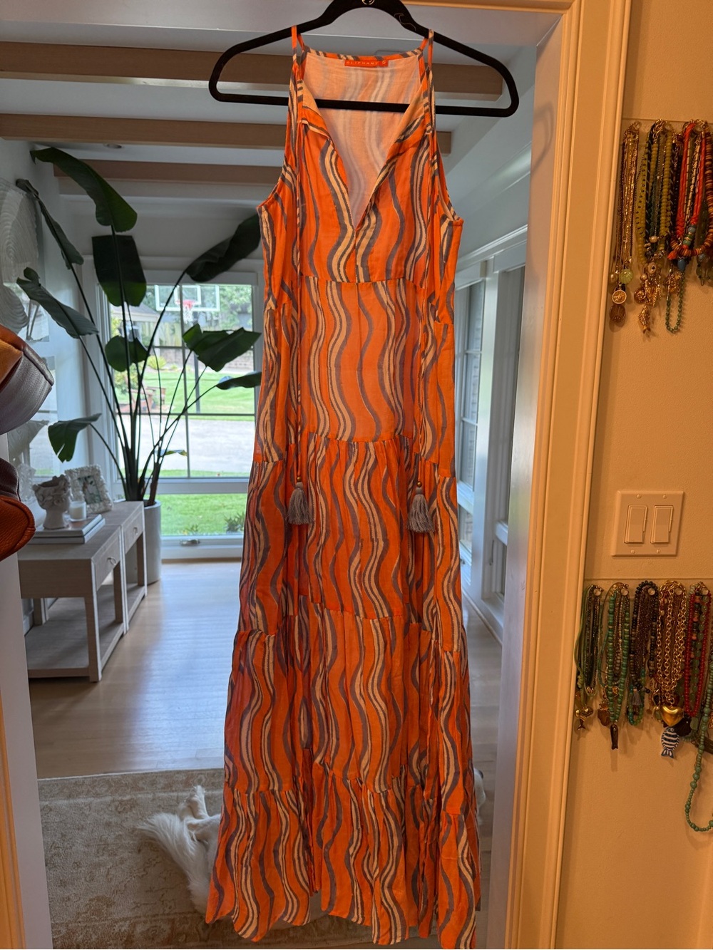 Oliphant Orange Wave-Print Maxi Dress with Tassel Ties
